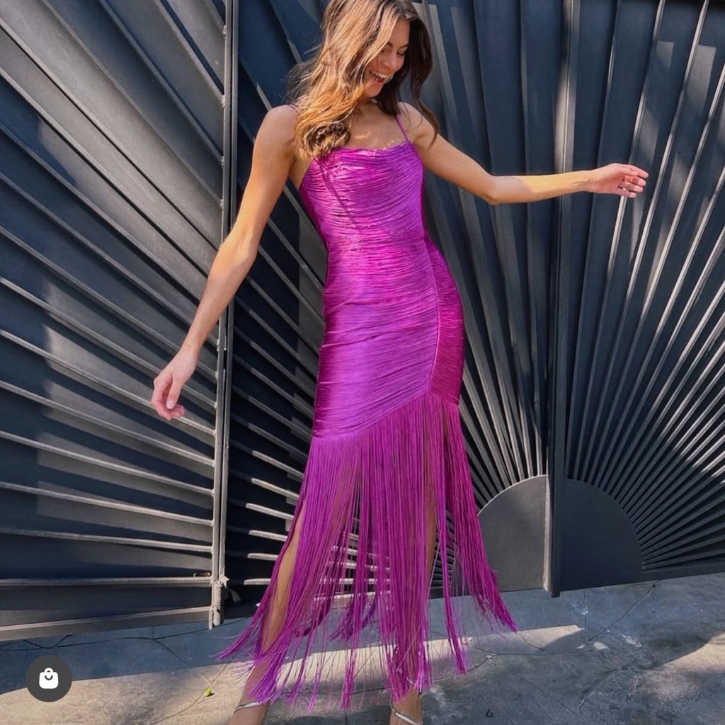 Saylor Magenta Fringe Satin Maxi Dress — image 2 of 7